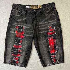 Evolution Mens Distressed Shorts Men Sz 36 Red Plaid Destroyed Patchwork Design